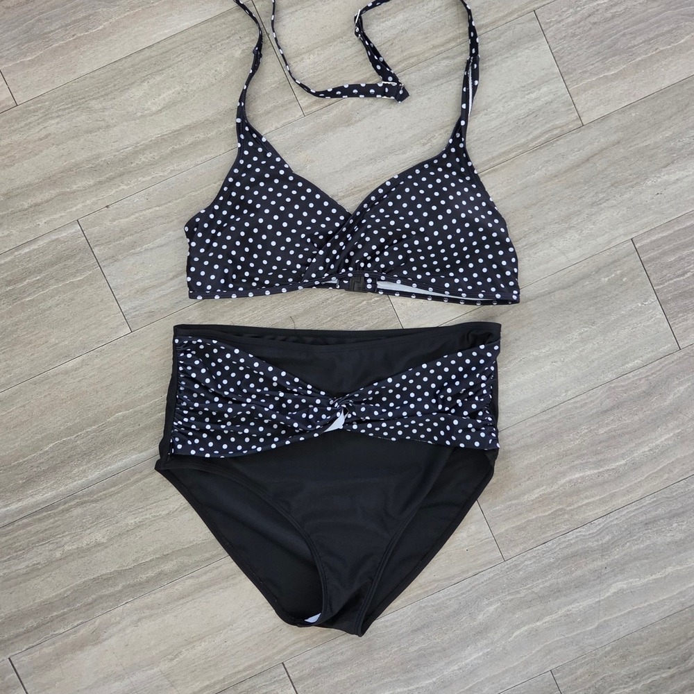 Black Polka Dot High Waisted Bikini Set Retro Halter Swimsuit Plus Size 4XL